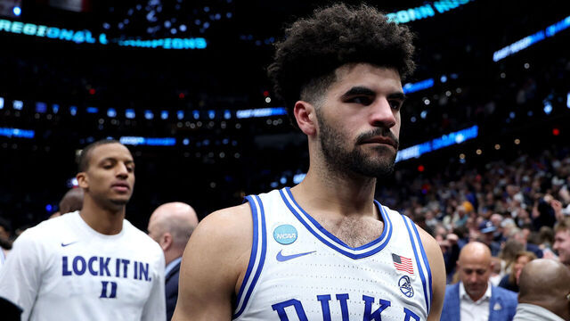 WASHINGTON, DC - MARCH 29: Cayden Boozer #2 of the Duke Blue Devils walks off the court after being defeated by the UConn Huskies 73-72 in the Elite Eight of the 2026 NCAA Men's Basketball Tournament at Capital One Arena on March 29, 2026 in Washington, DC.