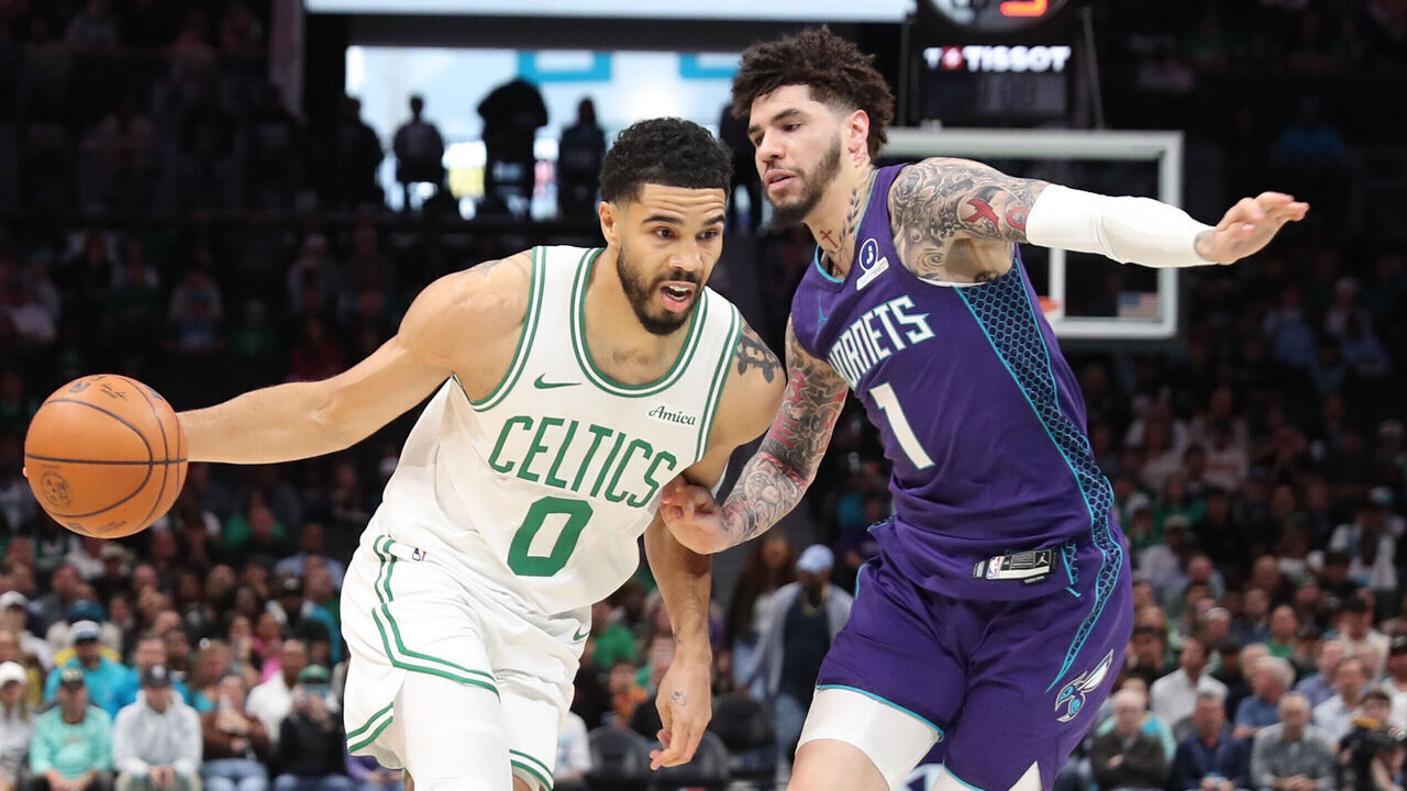 CHARLOTTE, NC - MARCH 29: Jayson Tatum #0 of the Boston Celtics drives to the basket during the game against the Charlotte Hornets on March 29, 2026 at Spectrum Center in Charlotte, North Carolina. Mandatory Copyright Notice: Copyright 2026 NBAE