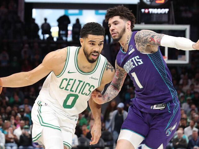 CHARLOTTE, NC - MARCH 29: Jayson Tatum #0 of the Boston Celtics drives to the basket during the game against the Charlotte Hornets on March 29, 2026 at Spectrum Center in Charlotte, North Carolina. Mandatory Copyright Notice: Copyright 2026 NBAE