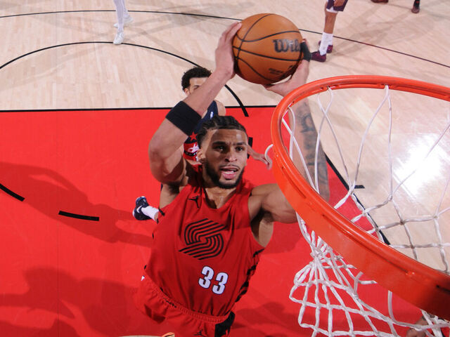 PORTLAND, OR - MARCH 29: Toumani Camara #33 of the Portland Trail Blazers dunks the ball during the game against the Washington Wizards on March 29, 2026 at the Moda Center Arena in Portland, Oregon. Mandatory Copyright Notice: Copyright 2026 NBAE