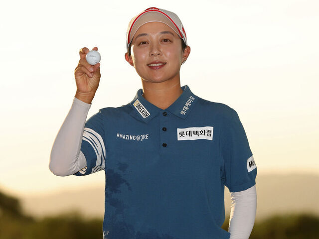 PHOENIX, ARIZONA - MARCH 29: Hyo Joo Kim of South Korea poses with a Titleist golf ball on the 18th green after winning the Ford Championship presented by Wild Horse Pass 2026 at Whirlwind Golf Club in Wild Horse Pass on March 29, 2026 in Phoenix, Arizona.