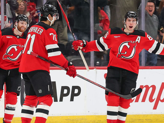 NEWARK, NEW JERSEY - MARCH 29: Jack Hughes #86 of the New Jersey Devils celebrates scoring during the third period against the Chicago Blackhawks at Prudential Center on March 29, 2026 in Newark, New Jersey.