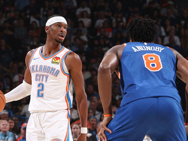 OKLAHOMA CITY, OK - MARCH 29: Shai Gilgeous-Alexander #2 of the Oklahoma City Thunder dribbles the ball during the game against the New York Knicks on March 29, 2026 at Paycom Center in Oklahoma City, Oklahoma. Mandatory Copyright Notice: Copyright 2026 NBAE
