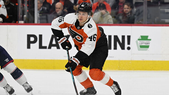 PHILADELPHIA , PA - MARCH 24: Philadelphia Flyers center Trevor Zegras #46 looks to pass during the game between the Philadelphia Flyers and the Columbus Blue Jackets on March 24th, 2026 at the Xfinity Mobile Arena in Philadelphia, PA.