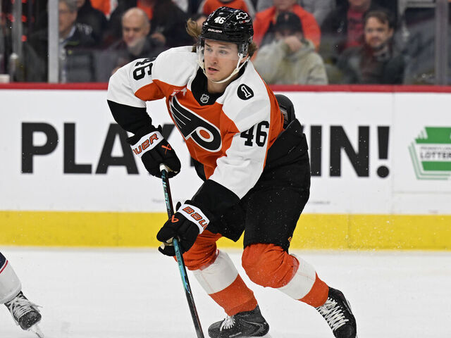 PHILADELPHIA , PA - MARCH 24: Philadelphia Flyers center Trevor Zegras #46 looks to pass during the game between the Philadelphia Flyers and the Columbus Blue Jackets on March 24th, 2026 at the Xfinity Mobile Arena in Philadelphia, PA.