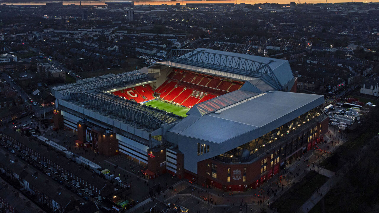 LIVERPOOL, ENGLAND - MARCH 18: An aerial view of Anfield is seen prior to the UEFA Champions League 2025/26 Round of 16 Second Leg match between Liverpool FC and Galatasaray SK at Anfield on March 18, 2026 in Liverpool, England.