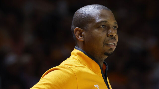 KNOXVILLE, TENNESSEE - JANUARY 04: Associate Head Coach Justin Gainey looks on during the first half of the game against the Arkansas Razorbacks at Thompson-Boling Arena on January 04, 2025 in Knoxville, Tennessee.