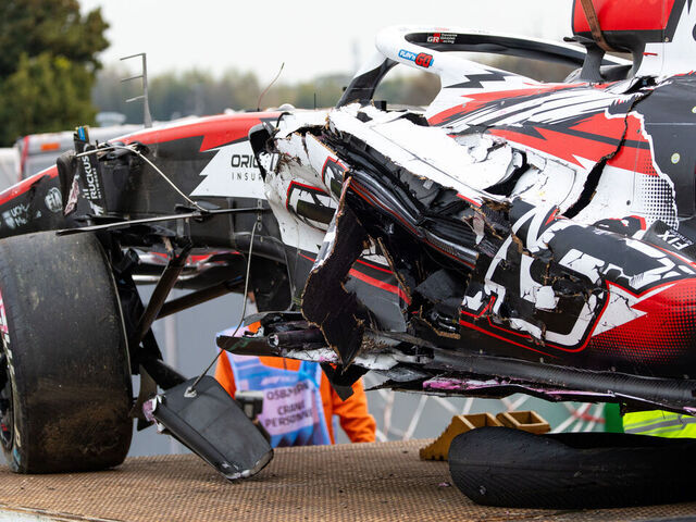 SUZUKA, JAPAN - MARCH 29: The damage to the Haas VF-26 of Oliver Bearman of Great Britain and Haas F1 Team following his crash during the F1 Grand Prix of Japan at Suzuka Circuit on March 29, 2026 in Suzuka, Japan.