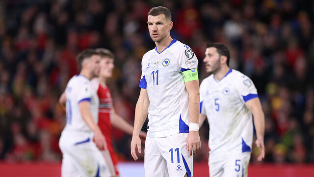 CARDIFF, WALES - MARCH 26: Edin Dzeko of Bosnia and Herzegovina during the FIFA World Cup 2026 European Qualifiers KO play-off match between Wales and Bosnia and Herzegovina at Cardiff City Stadium on March 26, 2026 in Cardiff, Wales.