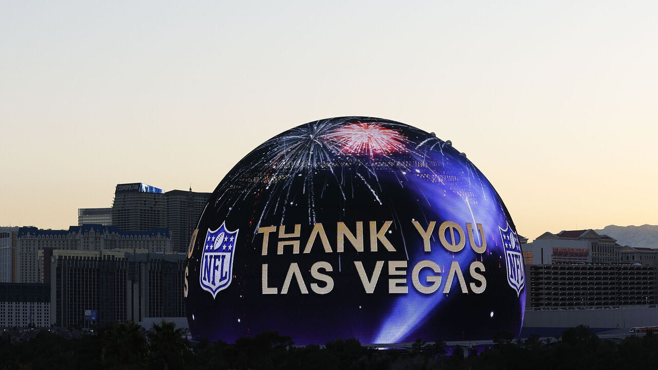 LAS VEGAS, NEVADA - FEBRUARY 12: The Sphere displays graphics that reads Thank You Las Vegas following Super Bowl 58 between the Kansas City Chiefs and the San Francisco 49ers on February 12, 2024 in Las Vegas, Nevada.