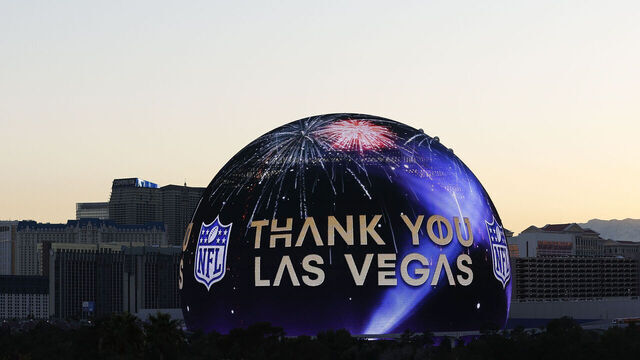 LAS VEGAS, NEVADA - FEBRUARY 12: The Sphere displays graphics that reads Thank You Las Vegas following Super Bowl 58 between the Kansas City Chiefs and the San Francisco 49ers on February 12, 2024 in Las Vegas, Nevada.