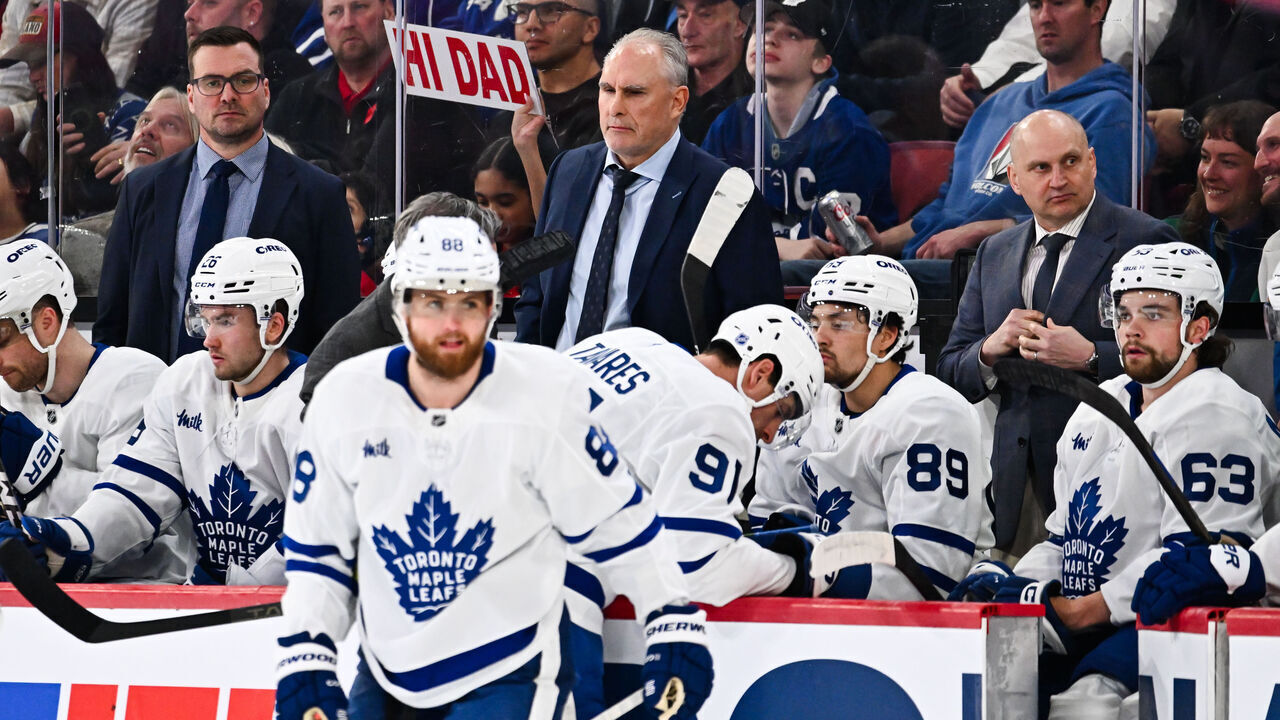 MONTREAL, CANADA - MARCH 10: (L-R) Assistant coach Mike Van Ryn, head coach Craig Berube and assistant coach Derek Lalonde of the Toronto Maple Leafs handle bench duties during the third period against the Montréal Canadiens at the Bell Centre on March 10, 2026 in Montreal, Quebec, Canada. The Montréal Canadiens defeated the Toronto Maple Leafs 3-1.