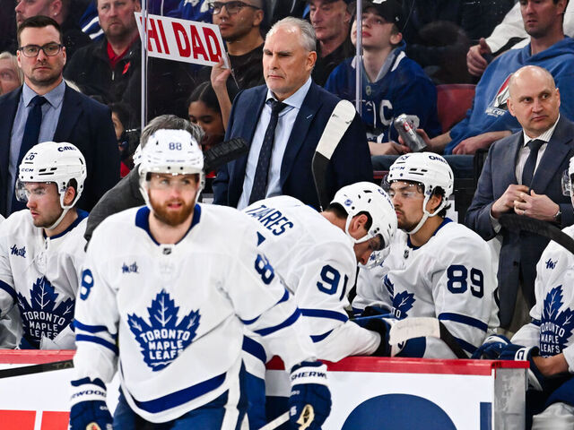 MONTREAL, CANADA - MARCH 10: (L-R) Assistant coach Mike Van Ryn, head coach Craig Berube and assistant coach Derek Lalonde of the Toronto Maple Leafs handle bench duties during the third period against the Montréal Canadiens at the Bell Centre on March 10, 2026 in Montreal, Quebec, Canada. The Montréal Canadiens defeated the Toronto Maple Leafs 3-1.