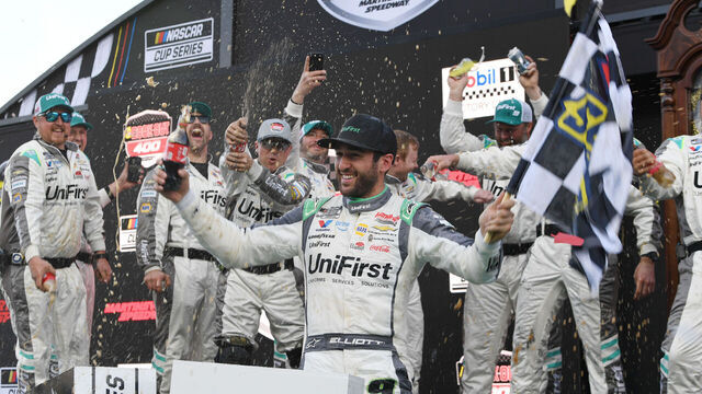 MARTINSVILLE, VA - MARCH 29: Chase Elliott (#9 Hendrick Motorsports UniFirst Chevrolet) celebrates in Victory Lane following the running of the NASCAR Cup Series Cook Out 400 on March 29, 2026, at Martinsville Speedway in Martinsville, VA.