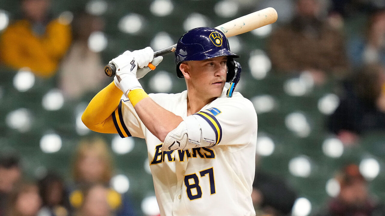 MILWAUKEE, WISCONSIN - MARCH 23: Cooper Pratt #87 of the Milwaukee Brewers up to bat against the Cincinnati Reds during the exhibition game at American Family Field on March 23, 2026 in Milwaukee, Wisconsin.