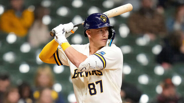 MILWAUKEE, WISCONSIN - MARCH 23: Cooper Pratt #87 of the Milwaukee Brewers up to bat against the Cincinnati Reds during the exhibition game at American Family Field on March 23, 2026 in Milwaukee, Wisconsin.