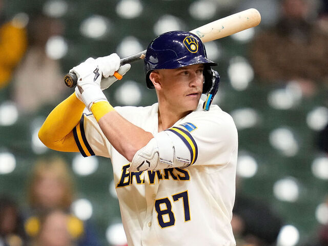 MILWAUKEE, WISCONSIN - MARCH 23: Cooper Pratt #87 of the Milwaukee Brewers up to bat against the Cincinnati Reds during the exhibition game at American Family Field on March 23, 2026 in Milwaukee, Wisconsin.