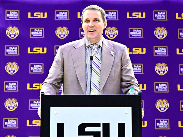 BATON ROUGE, LOUISIANA - MARCH 30: New head coach Will Wade of the LSU Tigers Men's Basketball team speaking at his press conference in the Pete Maravich Assembly Center on March 30, 2026 in Baton Rouge, Louisiana.