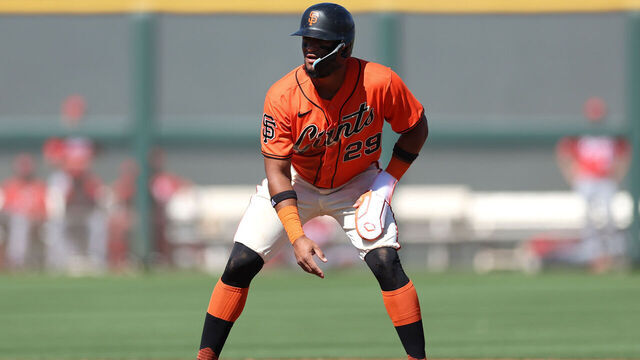 SCOTTSDALE, ARIZONA - MARCH 06: Luis Matos #29 of the San Francisco Giants leads off second base during a spring training game against the Cincinnati Reds at Scottsdale Stadium on March 06, 2026 in Scottsdale, Arizona.