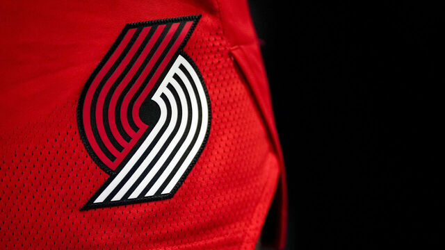 DETROIT, MICHIGAN - MARCH 21: The Portland Trail Blazers logo is pictured during the third quarter against the Detroit Pistons at Little Caesars Arena on March 21, 2022 in Detroit, Michigan.