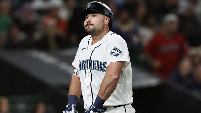 SEATTLE, WASHINGTON - MARCH 28: Cal Raleigh #29 of the Seattle Mariners reacts to striking out during the ninth inning against the Cleveland Guardians at T-Mobile Park on March 28, 2026 in Seattle, Washington.