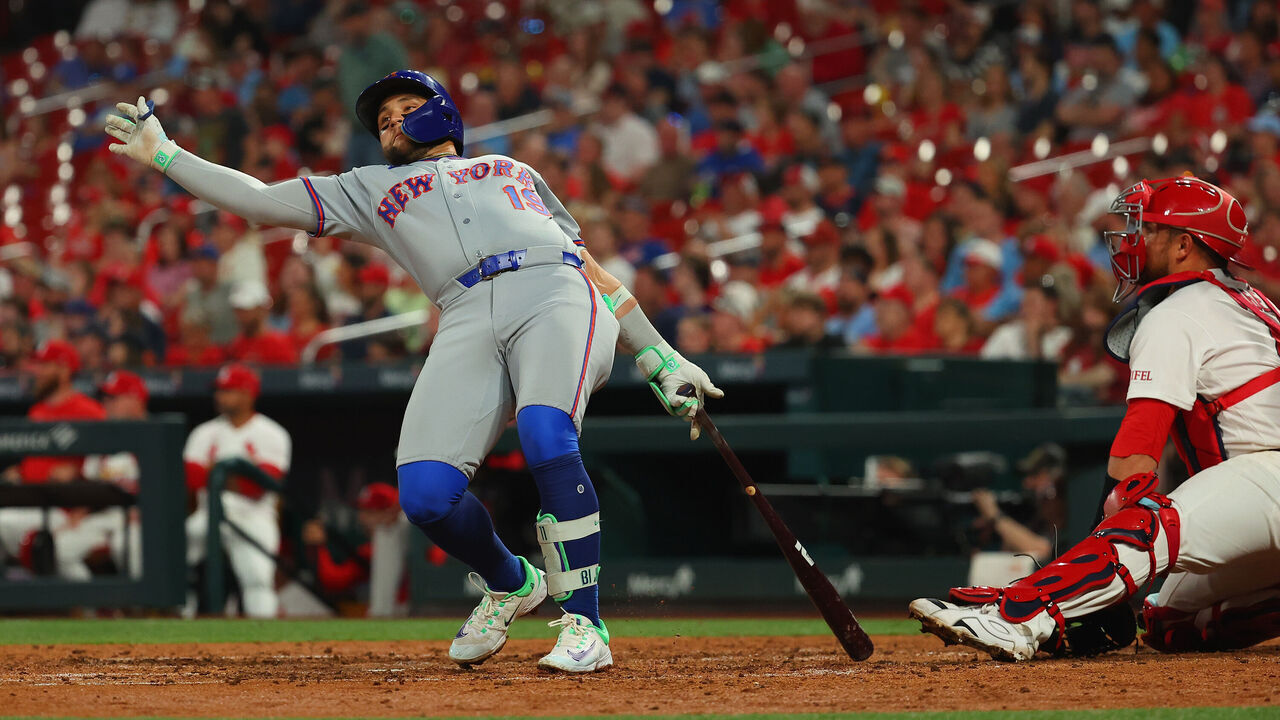 ST LOUIS, MISSOURI - MARCH 30: Bo Bichette #19 of the New York Mets hits an RBI single against the St. Louis Cardinals in the fifth inning at Busch Stadium on March 30, 2026 in St Louis, Missouri.