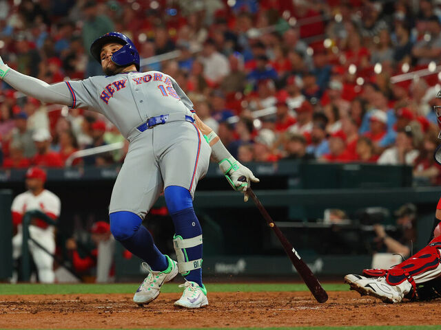 ST LOUIS, MISSOURI - MARCH 30: Bo Bichette #19 of the New York Mets hits an RBI single against the St. Louis Cardinals in the fifth inning at Busch Stadium on March 30, 2026 in St Louis, Missouri.