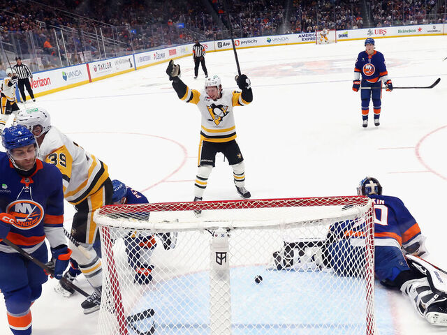 ELMONT, NEW YORK - MARCH 30: Anthony Mantha #39 of the Pittsburgh Penguins scores against Ilya Sorokin #30 of the New York Islanders at during the second period at UBS Arena on March 30, 2026 in Elmont, New York. The Penguins defeated the Islanders 8-3.