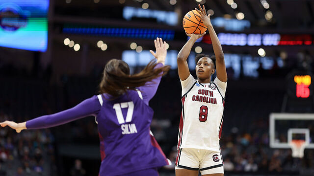 SACRAMENTO, CALIFORNIA - MARCH 30: Joyce Edwards #8 of the South Carolina Gamecocks shoots the ball during the second quarter of an Elite Eight round game of the 2026 NCAA Women's Basketball Tournament held at Golden 1 Center on March 30, 2026 in Sacramento, California.