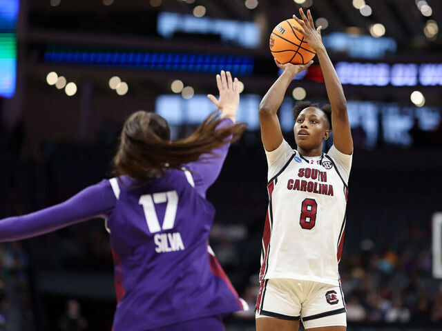 SACRAMENTO, CALIFORNIA - MARCH 30: Joyce Edwards #8 of the South Carolina Gamecocks shoots the ball during the second quarter of an Elite Eight round game of the 2026 NCAA Women's Basketball Tournament held at Golden 1 Center on March 30, 2026 in Sacramento, California.
