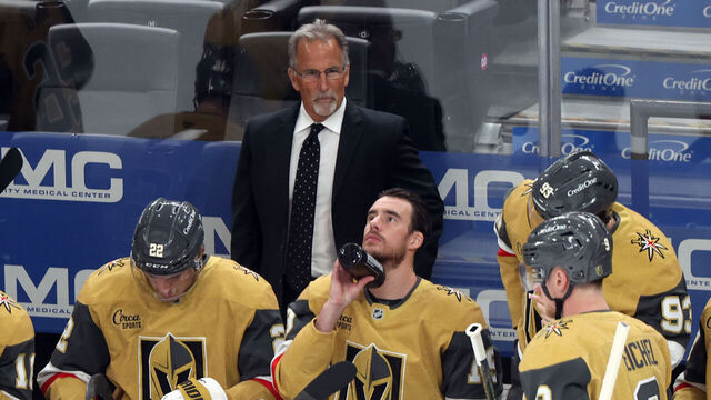 LAS VEGAS, NEVADA - MARCH 30: Head coach John Tortorella of the Vegas Golden Knights looks on during the first period of a game against the Vancouver Canucks at T-Mobile Arena on March 30, 2026 in Las Vegas, Nevada.