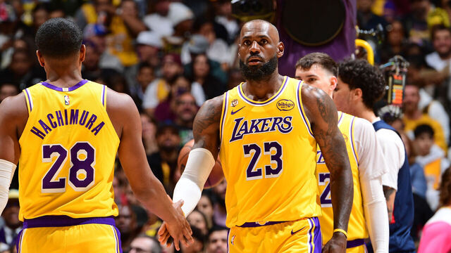 LOS ANGELES, CA - MARCH 30: Rui Hachimura #28 & LeBron James #23 of the Los Angeles Lakers high five during the game against the Washington Wizards on March 30, 2026 at Crypto.Com Arena in Los Angeles, California. NOTE TO USER: User expressly acknowledges and agrees that, by downloading and/or using this Photograph, user is consenting to the terms and conditions of the Getty Images License Agreement. Mandatory Copyright Notice: Copyright 2026 NBAE