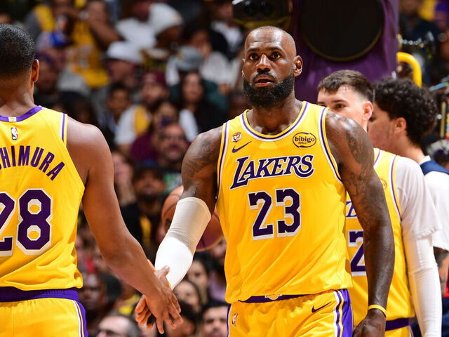 LOS ANGELES, CA - MARCH 30: Rui Hachimura #28 & LeBron James #23 of the Los Angeles Lakers high five during the game against the Washington Wizards on March 30, 2026 at Crypto.Com Arena in Los Angeles, California. NOTE TO USER: User expressly acknowledges and agrees that, by downloading and/or using this Photograph, user is consenting to the terms and conditions of the Getty Images License Agreement. Mandatory Copyright Notice: Copyright 2026 NBAE