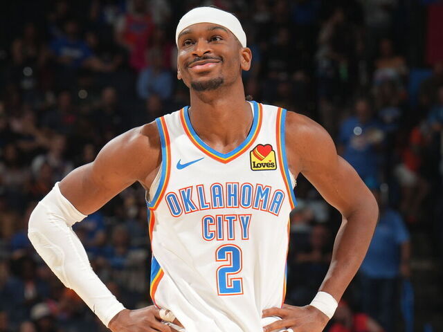 OKLAHOMA CITY, OK - MARCH 30: Shai Gilgeous-Alexander #2 of the Oklahoma City Thunder looks on during the game against the Detroit Pistons on March 30, 2026 at Paycom Center in Oklahoma City, Oklahoma. Mandatory Copyright Notice: Copyright 2026 NBAE