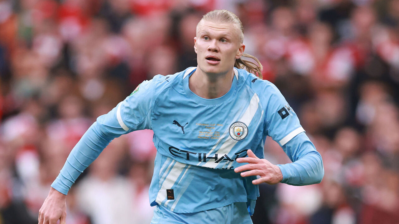 LONDON, ENGLAND - MARCH 22: Erling Haaland of Manchester City during the Carabao Cup Final match Arsenal and between Manchester City at Wembley Stadium on March 22, 2026 in London, England.