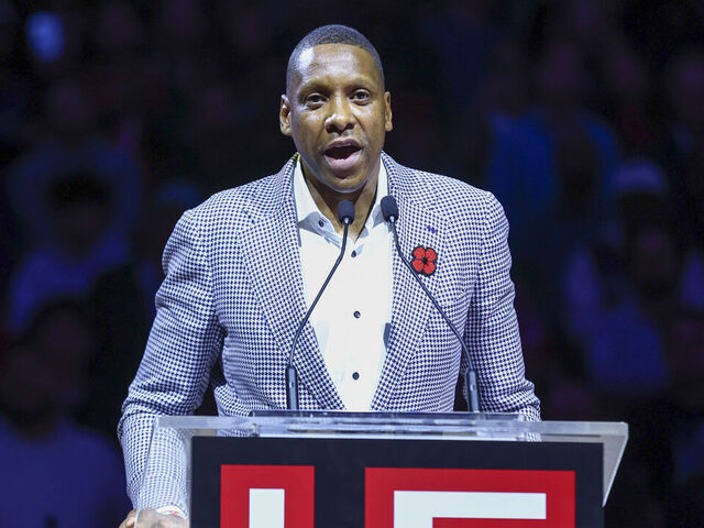 TORONTO, CANADA - NOVEMBER 2: Toronto Raptors general manager Masai Ujiri speaks during Vince Carter's jersey retirement ceremony at halftime of a game between the Sacramento Kings and the Toronto Raptors on November 2, 2024 at the Scotiabank Arena in Toronto, Ontario, Canada. Mandatory Copyright Notice: Copyright 2024 NBAE