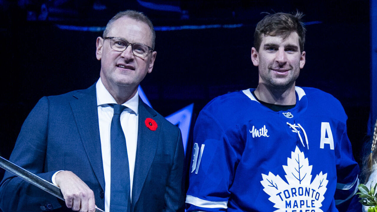 TORONTO, CANADA - NOVEMBER 5: John Tavares #91 of the Toronto Maple Leafs is joined by his family before being presented a golden stick by Toronto Maple Leafs General Manager Brad Treliving for 500 career at the Scotiabank Arena on November 5, 2025 in Toronto, ON, Canada.