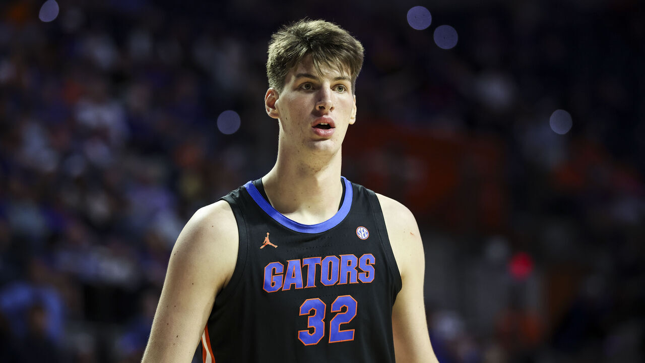 GAINESVILLE, FLORIDA - DECEMBER 17: Olivier Rioux #32 of the Florida Gators looks on during the second half of the game against the Saint Francis Red Flash at the Stephen C. O'Connell Center on December 17, 2025 in Gainesville, Florida.