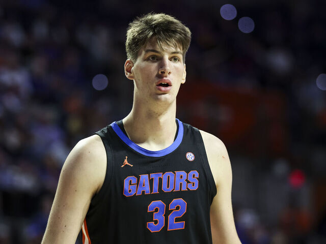 GAINESVILLE, FLORIDA - DECEMBER 17: Olivier Rioux #32 of the Florida Gators looks on during the second half of the game against the Saint Francis Red Flash at the Stephen C. O'Connell Center on December 17, 2025 in Gainesville, Florida.