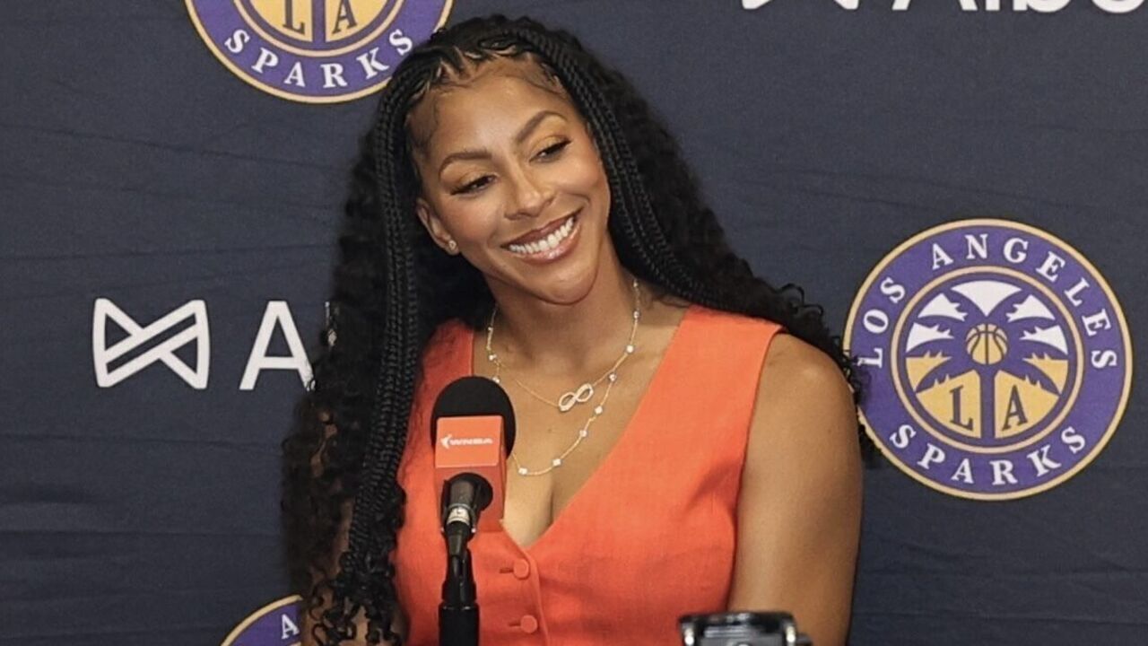 LOS ANGELES, CA - JUNE 29: Candace Parker talks to the media before the game between the Chicago Sky and Los Angeles Sparks on June 29, 2025 at Crypto.com Arena in Los Angeles, California. NOTE TO USER: User expressly acknowledges and agrees that, by downloading and/or using this Photograph, user is consenting to the terms and conditions of the Getty Images License Agreement. Mandatory Copyright Notice: Copyright 2025 NBAE