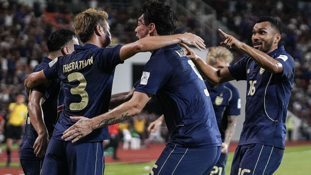 The Thailand football team celebrates after scoring the 1-0 goal during the AFC Asian Cup 2027 Qualifiers between Thailand and Turkmenistan at Rajamangala National Stadium in Bangkok, Thailand, on March 31, 2026.