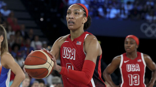 PARIS, FRANCE - AUGUST 11: A'ja Wilson #9 of Team USA shoots a free throw during the Women's Gold Medal game between Team France and Team USA on day sixteen of the Olympic Games Paris 2024 at Bercy Arena on August 11, 2024 in Paris, France.
