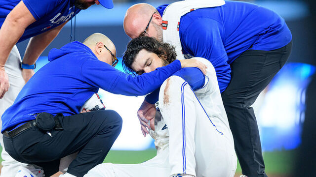 TORONTO, ON - MARCH 30: Toronto Blue Jays Starting Pitcher Cody Ponce (66) reacts after an injury during the MLB regular season game between the Colorado Rockies and the Toronto Blue Jays on March 30, 2026, at Rogers Centre in Toronto, ON, Canada.