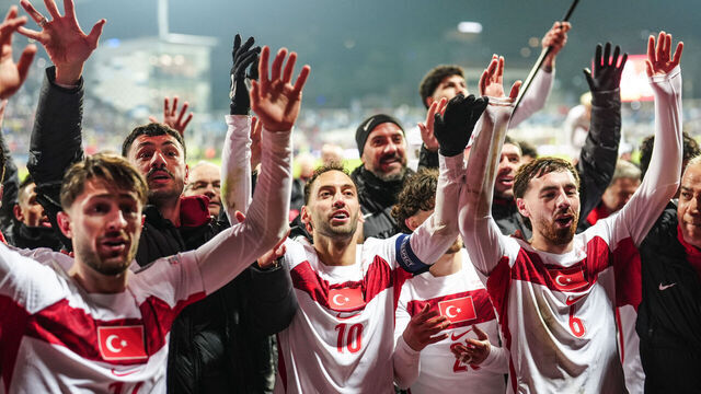 PRISTINA, KOSOVO - MARCH 31: Players of Turkiye celebrate after winning the 2026 FIFA World Cup European Qualifiers play-off final match between Kosovo and Turkiye at the Fadil Vokrri Stadium in Pristina, Kosovo, on March 31, 2026.