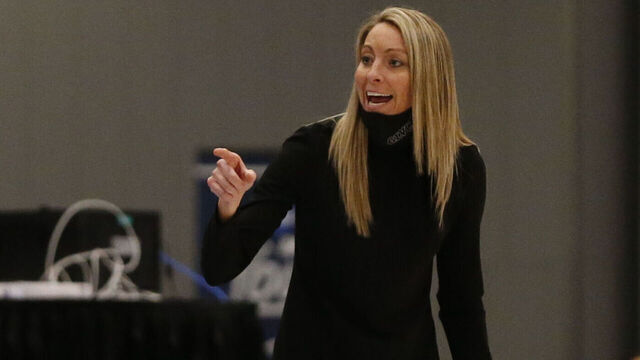 COLUMBUS, OH - MARCH 26: Head coach Amy Eagan of the Drury Panthers instructs her team against the Lubbock Christian Lady Chaps during the Division II Women's Basketball Championship held at the Greater Columbus Convention Center on March 26, 2021, in Columbus, Ohio.