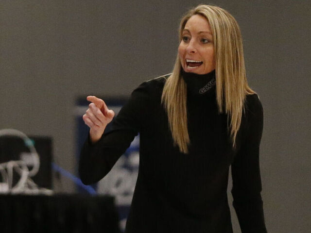 COLUMBUS, OH - MARCH 26: Head coach Amy Eagan of the Drury Panthers instructs her team against the Lubbock Christian Lady Chaps during the Division II Women's Basketball Championship held at the Greater Columbus Convention Center on March 26, 2021, in Columbus, Ohio.