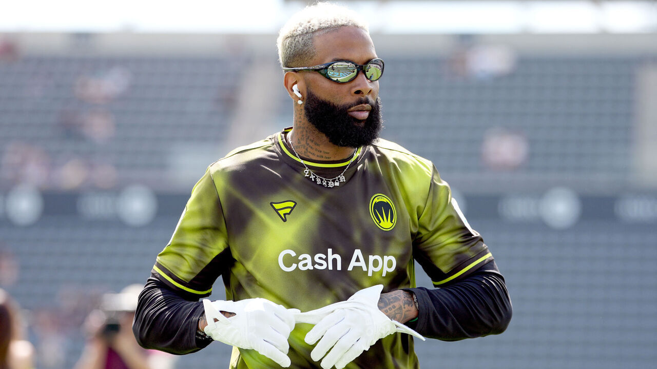 LOS ANGELES, CALIFORNIA - MARCH 21: Odell Beckham Jr. #13 of the Wildcats FFC looks on during the Fanatics Flag Football Classic at BMO Stadium on March 21, 2026 in Los Angeles, California.