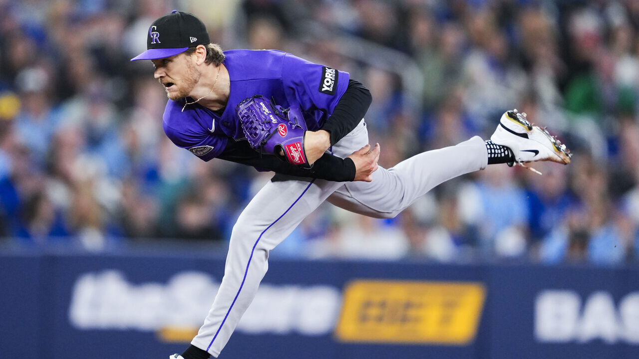 TORONTO, CANADA - MARCH 31: Ryan Feltner #18 of the Colorado Rockies pitches to the Toronto Blue Jays during the first inning in their MLB game at the Rogers Centre on March 31, 2026 in Toronto, Ontario, Canada.
