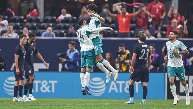 ATLANTA, GEORGIA - MARCH 31: João Félix #10 of Portugal celebrates scoring with teammate Ricardo Horta #24 during the second half against the United States during an International Friendly at Mercedes-Benz Stadium on March 31, 2026 in Atlanta, Georgia.