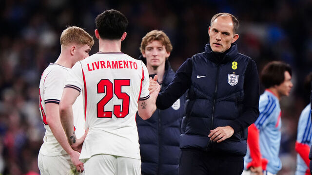 England manager Thomas Tuchel and Tino Livramento following the international friendly match at Wembley Stadium, London. Picture date: Tuesday March 31, 2026.